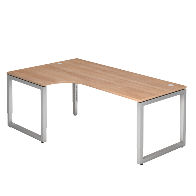 Winkelschreibtisch Rotterdam - 650-850 mm höheneinstellbar - O-Fuß - silber/nussbaum