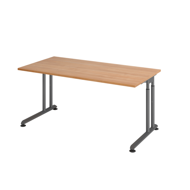 Schreibtisch Zürich - mechanisch höhenverstellbar - C-Fuß - Kabelwanne - B 1600 mm - graphit/nussbaum