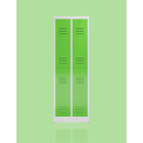 Schr&auml;gansicht eines ClassiX Garderobenspinds mit 2 doppelst&ouml;ckigen Abteilen, abschlie&szlig;bar mit Drehriegelverschluss, Korpus lichtgrau, T&uuml;ren gelbgr&uuml;n