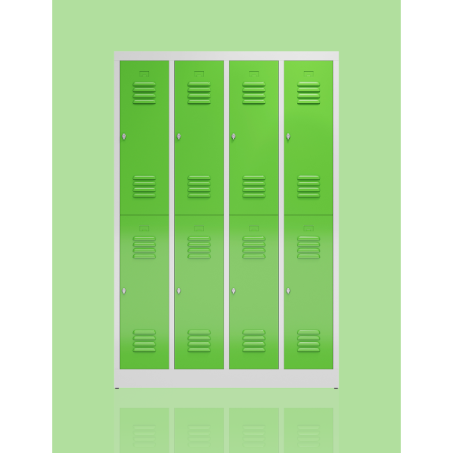 Schrägansicht eines ClassiX Garderobenspinds mit 4 doppelstöckigen Abteilen, abschließbar mit Drehriegelverschluss, Korpus lichtgrau, Türen gelbgrün