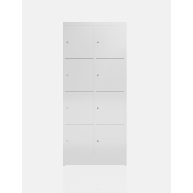 Seitenansicht vom Steelboxx XL Spind 8 Fächer extra breit Wertfachschrank 1800 x 80 x 500 mm Fächerschrank grau X-523420 komplett montiert.