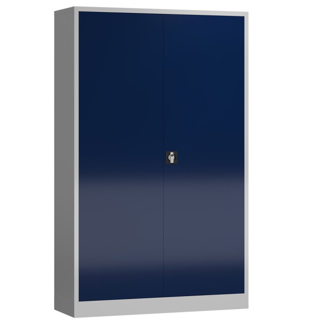 Seitenansicht vom Steelboxx XL Metallschrank abschließbar Flügeltürenschrank 1945 x 1200 x 420 mm grau/blau X-530371 komplett montiert.