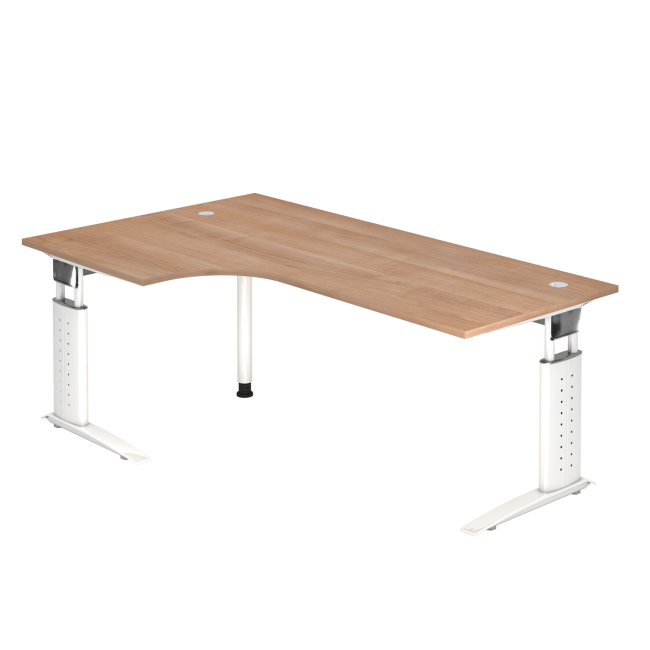Winkelschreibtisch Canberra - mechanisch höhenverstellbar - C-Fuß - weiß/nussbaum