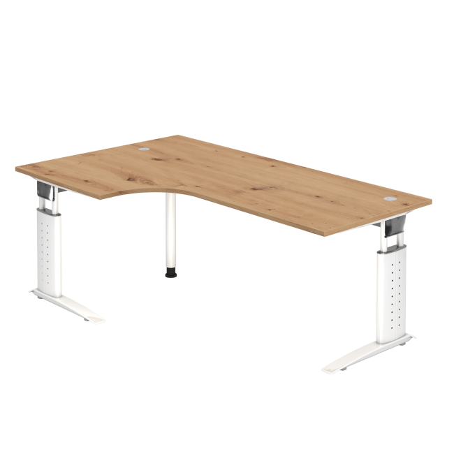 Winkelschreibtisch Canberra - mechanisch höhenverstellbar - C-Fuß - weiß/asteiche